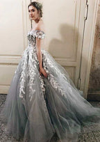 Glamorous Sleeveless Off-the-Shoulder Sweep Train Tulle Wedding Dress with Detailed Appliques and Ball Gown Silhouette BM bride