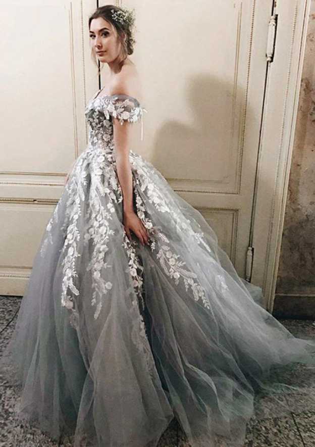 Glamorous Sleeveless Off-the-Shoulder Sweep Train Tulle Wedding Dress with Detailed Appliques and Ball Gown Silhouette BM bride