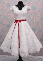 Sashes Ball Gown with Scalloped Neckline, Sleeveless Design, and Tea-Length Lace BM bride