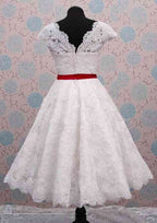 Sashes Ball Gown with Scalloped Neckline, Sleeveless Design, and Tea-Length Lace BM bride