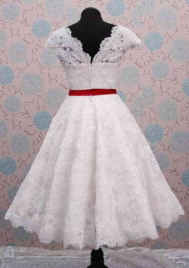 Sashes Ball Gown with Scalloped Neckline, Sleeveless Design, and Tea-Length Lace BM bride