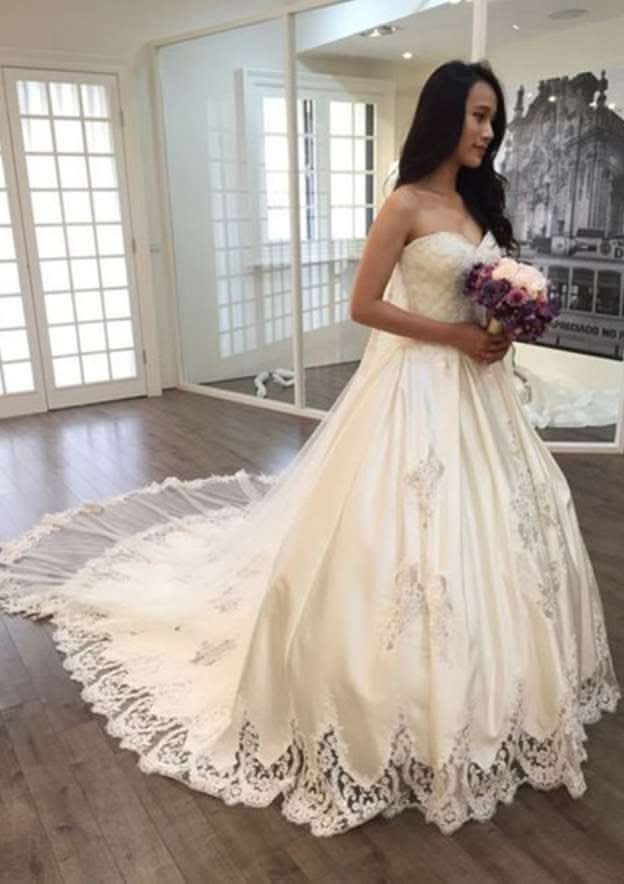 Hem Appliqued Sweetheart Sleeveless Ball Gown Wedding Dress with Satin Chapel Train BM bride