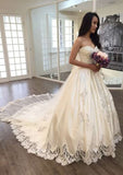 Hem Appliqued Sweetheart Sleeveless Ball Gown Wedding Dress with Satin Chapel Train BM bride