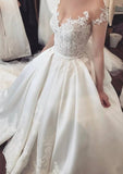 Appliqued Bowknot Yarn Sleeveless Ball Gown Wedding Dress with Court Train in Satin BM bride