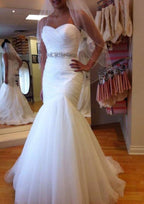 Elegant Sweetheart Sleeveless Court Train Tulle Wedding Dress with Pleated Waistband, Sheath/Column Silhouette BM bride