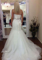Elegant Sweetheart Sleeveless Court Train Tulle Wedding Dress with Pleated Waistband, Sheath/Column Silhouette BM bride