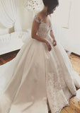 Appliqued Bowknot Yarn Sleeveless Ball Gown Wedding Dress with Court Train in Satin BM bride