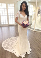 Lace V-Neck Short Sleeve Sheath Wedding Dress with Court Train BM bride