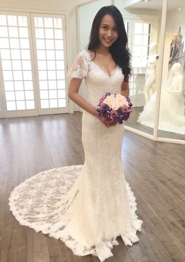 Lace V-Neck Short Sleeve Sheath Wedding Dress with Court Train BM bride