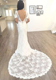 Lace V-Neck Short Sleeve Sheath Wedding Dress with Court Train BM bride