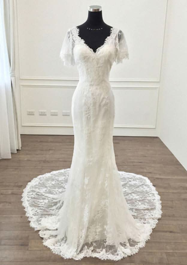 Lace V-Neck Short Sleeve Sheath Wedding Dress with Court Train BM bride
