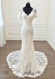 Lace V-Neck Short Sleeve Sheath Wedding Dress with Court Train BM bride