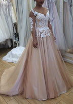 Graceful 3/4 Sleeve Court Train Tulle Wedding Dress with Beautiful Appliques and Bateau Neckline, A-line/Princess Style BM bride