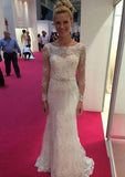 Appliqued Waistband Sheath/Column Wedding Dress with Bateau Neckline and Full Long Sleeves in Lace BM bride