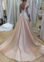 Graceful 3/4 Sleeve Court Train Tulle Wedding Dress with Beautiful Appliques and Bateau Neckline, A-line/Princess Style BM bride