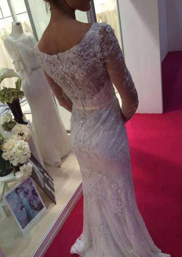 Appliqued Waistband Sheath/Column Wedding Dress with Bateau Neckline and Full Long Sleeves in Lace BM bride