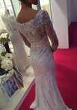 Appliqued Waistband Sheath/Column Wedding Dress with Bateau Neckline and Full Long Sleeves in Lace BM bride