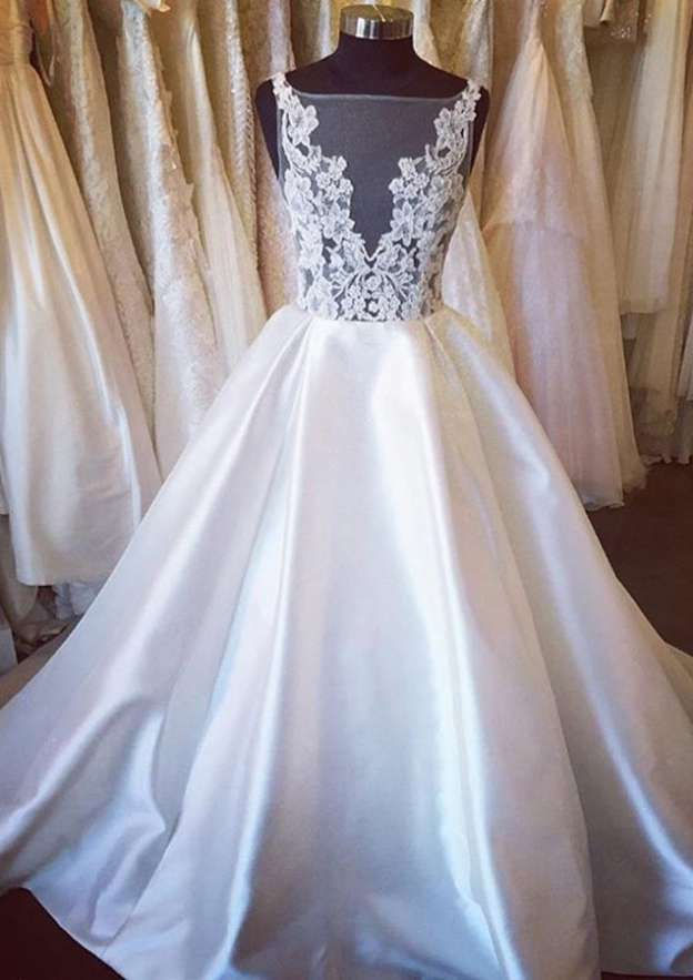 Appliqued Ball Gown Wedding Dress with Bateau Neckline and Court Train in Satin, Featuring Sleeveless Design BM bride