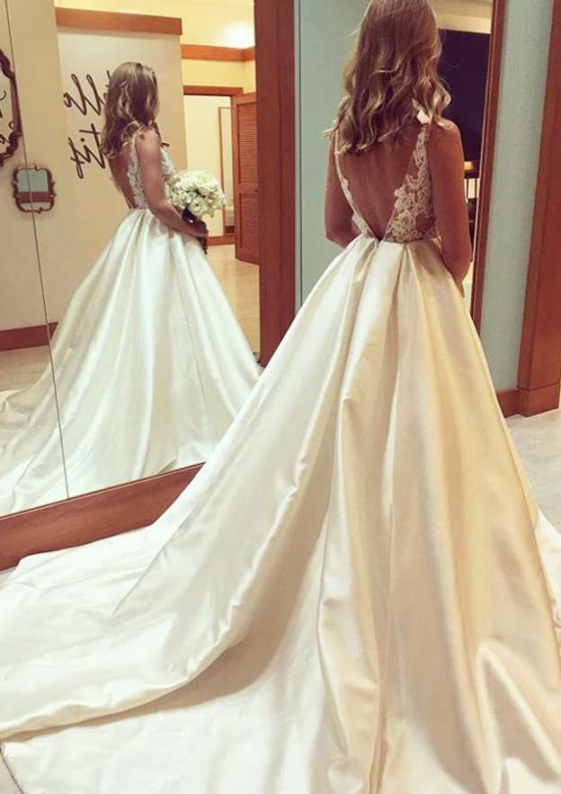 Appliqued Ball Gown Wedding Dress with Bateau Neckline and Court Train in Satin, Featuring Sleeveless Design BM bride