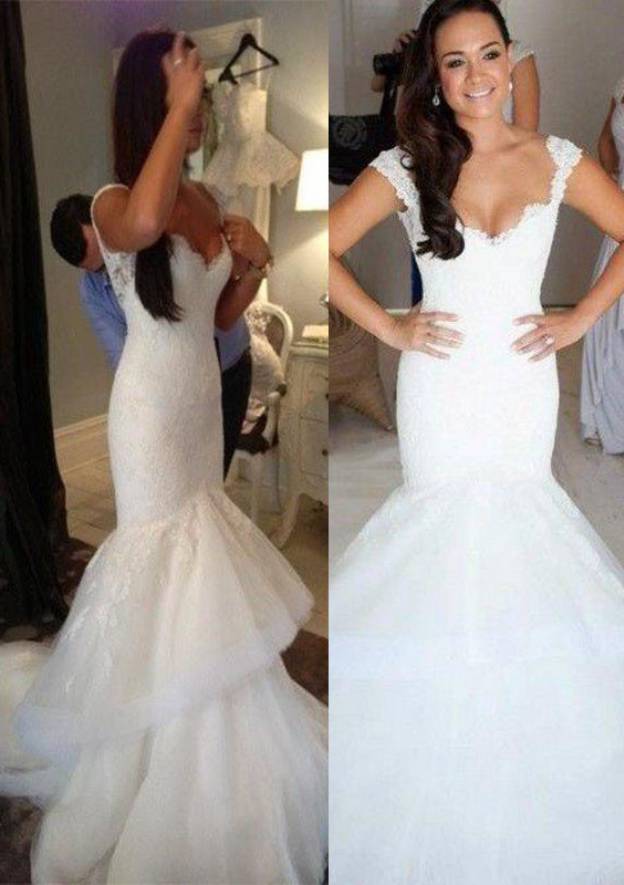 Lace Ruffles Scalloped Neck Sleeveless Trumpet/Mermaid Wedding Dress with Court Train and Tulle BM bride