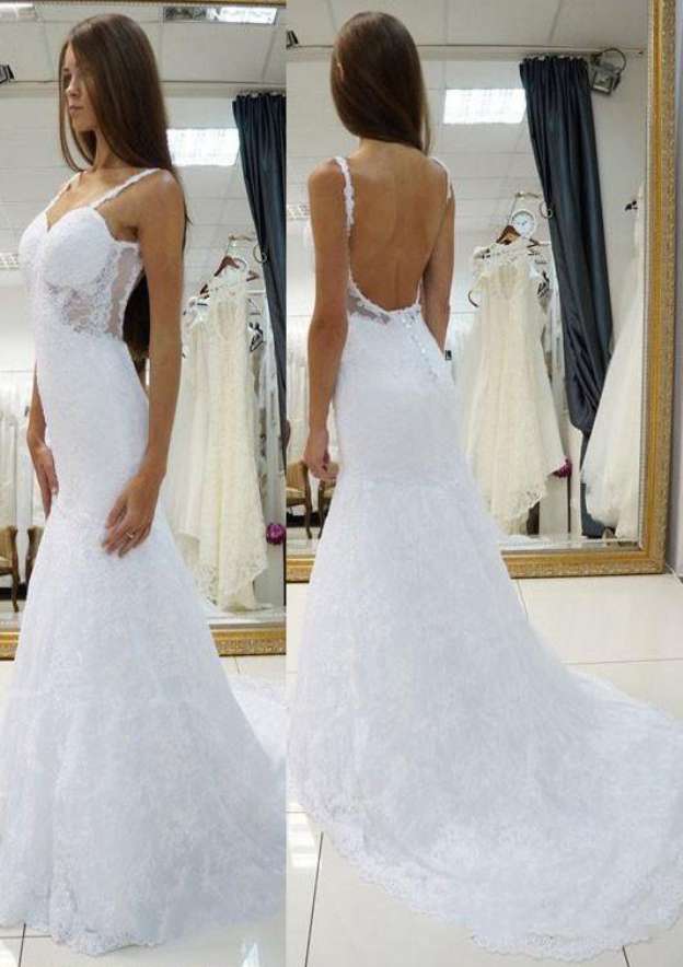 Lace Sweetheart Sleeveless Sheath/Column Wedding Dress with Court Train BM bride