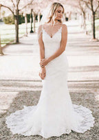 Appliqued Lace V-Neck Sleeveless Sheath Wedding Dress with Sweep Train BM bride