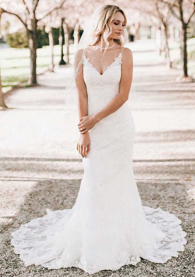 Appliqued Lace V-Neck Sleeveless Sheath Wedding Dress with Sweep Train BM bride
