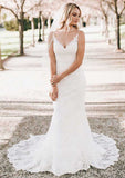 Appliqued Lace V-Neck Sleeveless Sheath Wedding Dress with Sweep Train BM bride