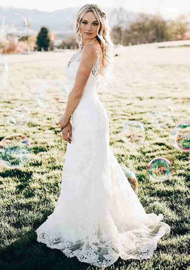 Appliqued Lace V-Neck Sleeveless Sheath Wedding Dress with Sweep Train BM bride
