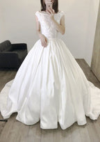 Appliqued Bateau Sleeveless Ball Gown Wedding Dress with Chapel Train in Satin, Perfect for Spring and Fall BM bride