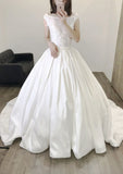 Appliqued Bateau Sleeveless Ball Gown Wedding Dress with Chapel Train in Satin, Perfect for Spring and Fall BM bride