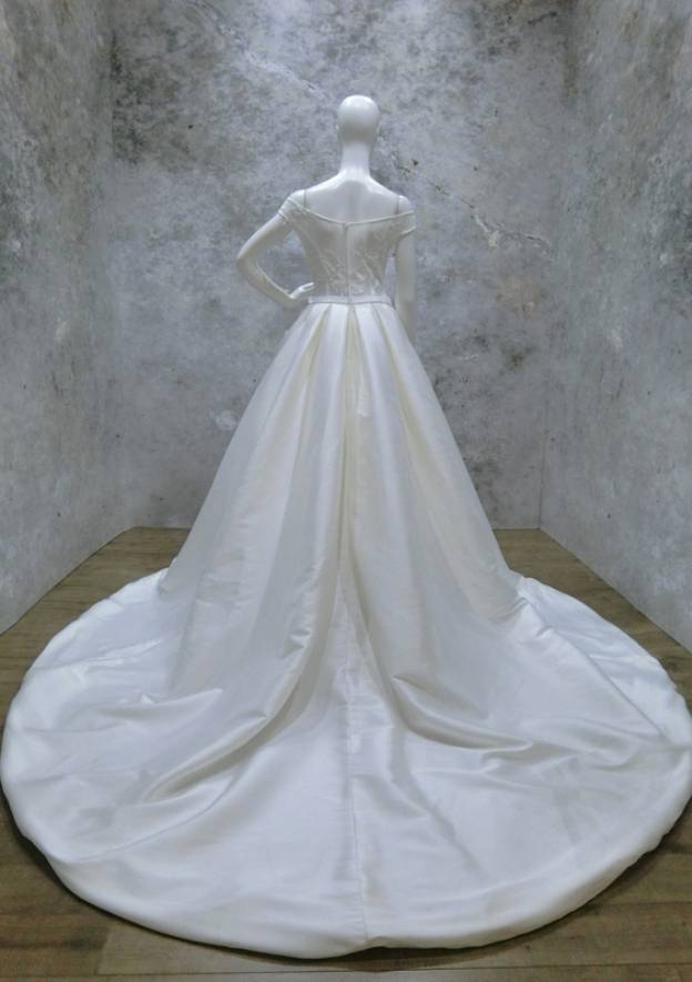 Appliqued Bateau Sleeveless Ball Gown Wedding Dress with Chapel Train in Satin, Perfect for Spring and Fall BM bride