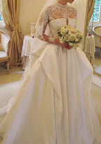 Lace Ball Gown with High Neckline, Full Long Sleeves, and Court Train in Satin BM bride