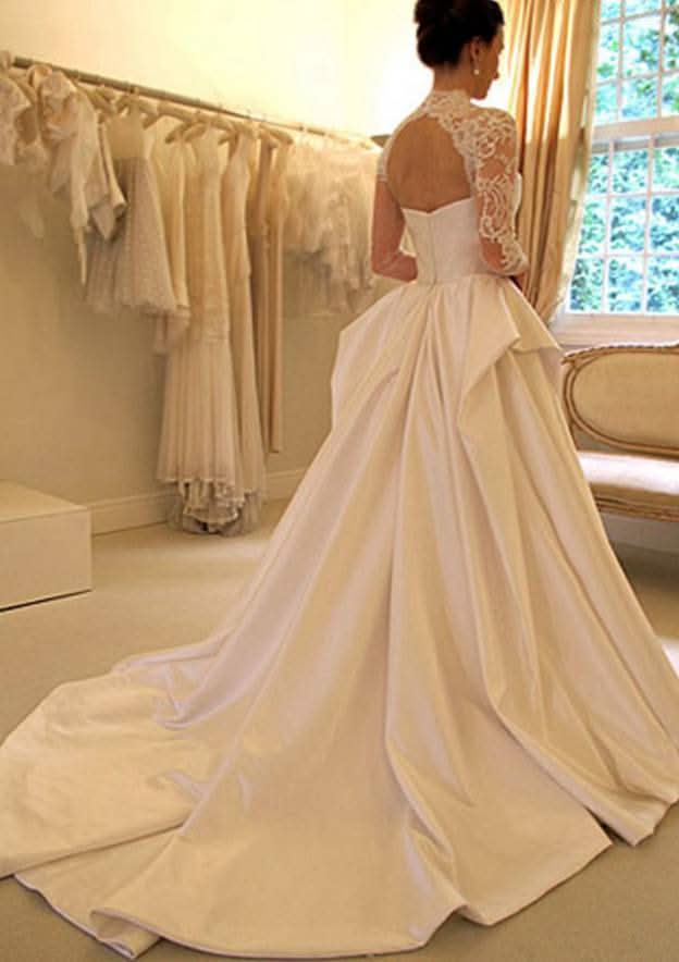 Lace Ball Gown with High Neckline, Full Long Sleeves, and Court Train in Satin BM bride