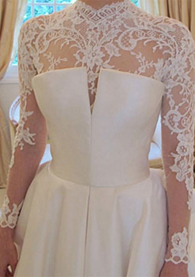 Lace Ball Gown with High Neckline, Full Long Sleeves, and Court Train in Satin BM bride