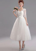 Lace Sleeveless V-Neck Half Sleeve Tea-Length Tulle Wedding Dress for A-Line Silhouette BM bride