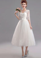 Lace Sleeveless V-Neck Half Sleeve Tea-Length Tulle Wedding Dress for A-Line Silhouette BM bride