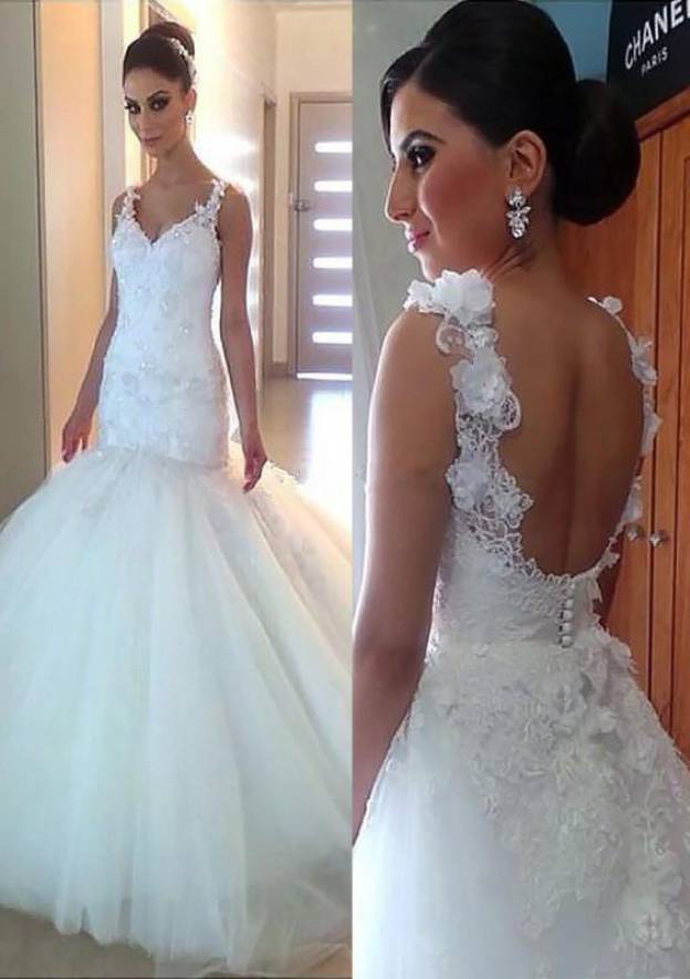 Appliqued Sleeveless V-Neck Sheath/Column Wedding Dress with Long Floor-Length Tulle BM bride