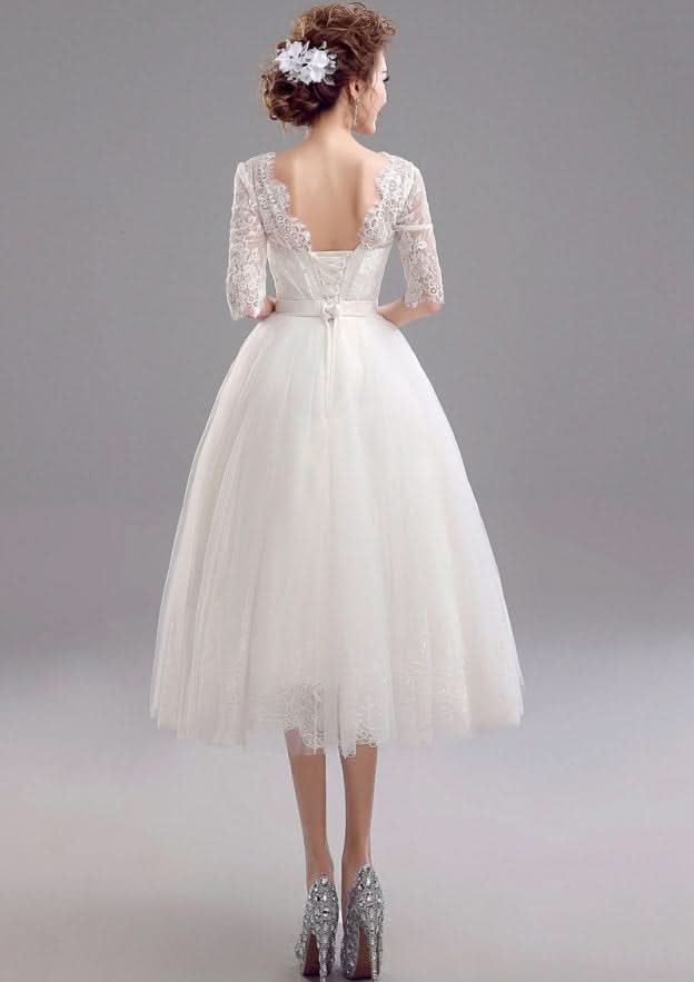 Lace Sleeveless V-Neck Half Sleeve Tea-Length Tulle Wedding Dress for A-Line Silhouette BM bride