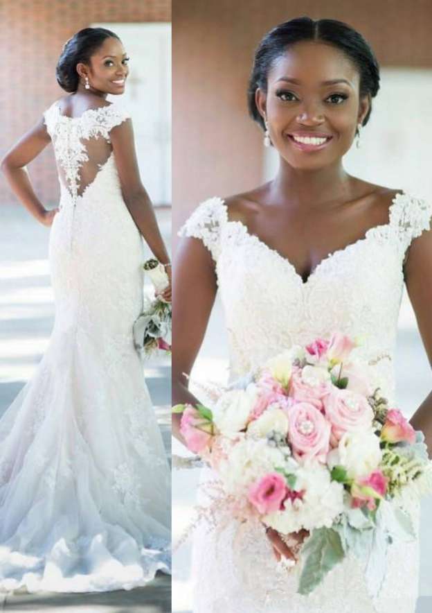 Appliqued Lace Sleeveless V-Neck Sheath Wedding Dress with Sweep Train BM bride
