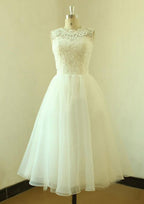 Elegant A-Line/Princess Bateau Sleeveless Tea-Length Organza Wedding Dress with Intricate Lace Details BM bride