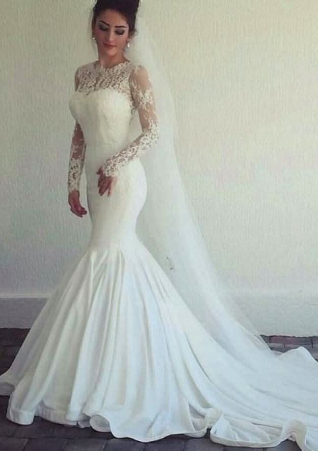 Trumpet/Mermaid Wedding Dress with Scoop Neckline, Full Long Sleeves, and Lace Chapel Train BM bride