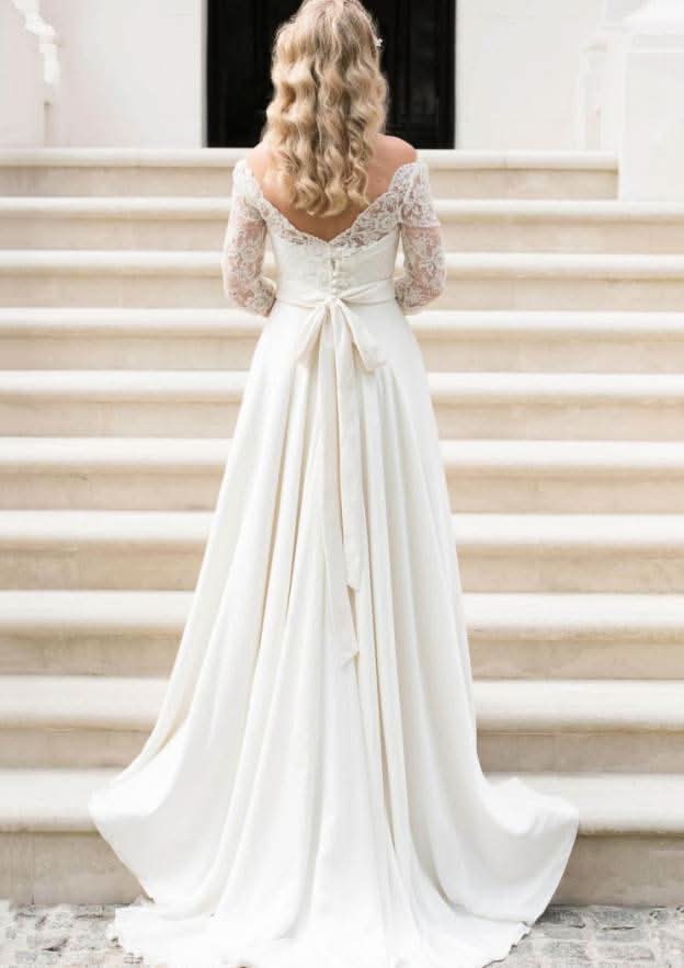 Graceful A-Line/Princess Scalloped Neck Full-Length Sleeve Sweep Train Elastic Satin Wedding Dress with Lace Sashes BM bride