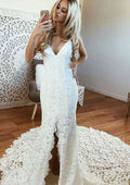 Split V-Neck Sleeveless Trumpet/Mermaid Wedding Dress with Lace and Chapel Train BM bride