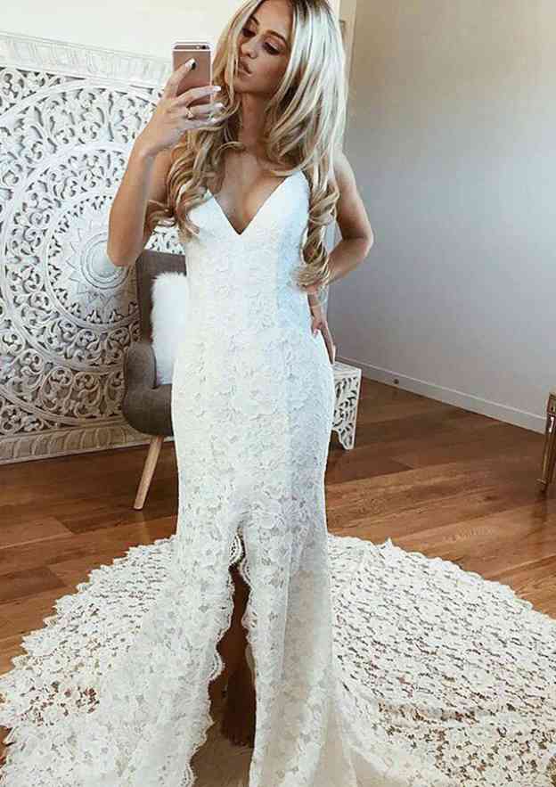 Split V-Neck Sleeveless Trumpet/Mermaid Wedding Dress with Lace and Chapel Train BM bride