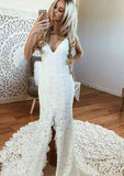 Split V-Neck Sleeveless Trumpet/Mermaid Wedding Dress with Lace and Chapel Train BM bride