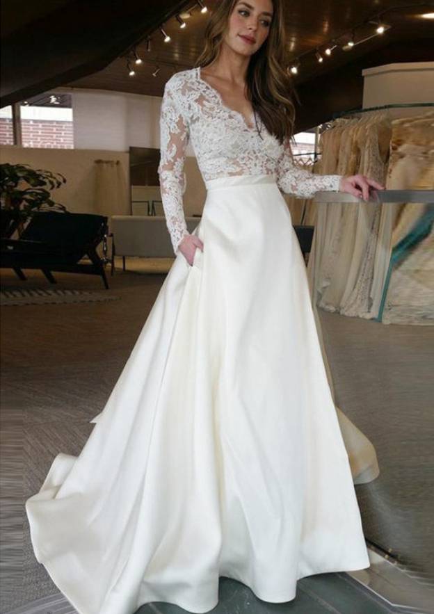 Lace A-Line/Princess V-Neck Wedding Dress with Full Long Sleeves and Sweep Train in Satin BM bride