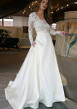 Lace A-Line/Princess V-Neck Wedding Dress with Full Long Sleeves and Sweep Train in Satin BM bride