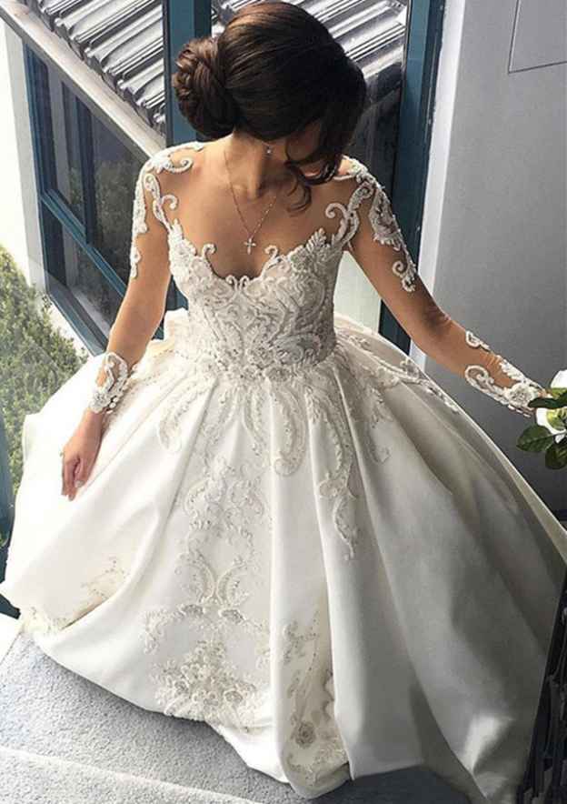 Appliqued Ball Gown Wedding Dress with Full/Long Sleeves, Scoop Neckline, Cathedral Train, and Satin Fabric BM bride