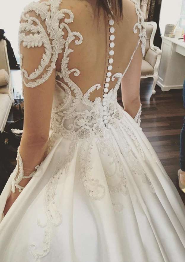 Appliqued Ball Gown Wedding Dress with Full/Long Sleeves, Scoop Neckline, Cathedral Train, and Satin Fabric BM bride